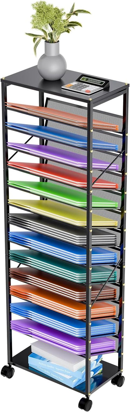 15 Tier Rolling File Cart, Sturdy and Durable Desk File Organizer by Ekisemio