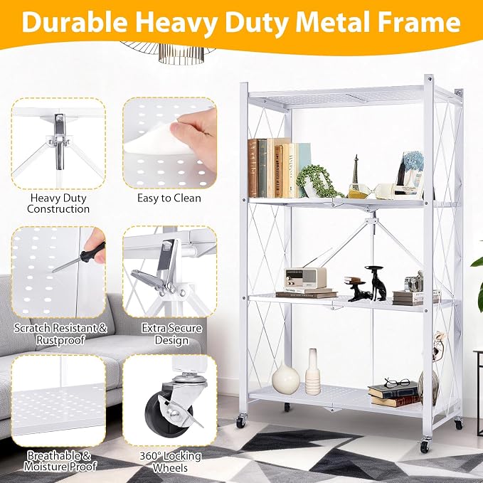 4 Tier Folding Storage Shelf on Wheels, Collapsible Shelving Unit Rolling - Image 4