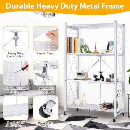 4 Tier Folding Storage Shelf on Wheels, Collapsible Shelving Unit Rolling - Image 4