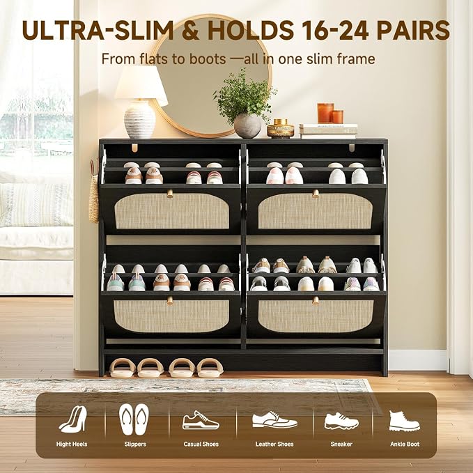 Nicetree Shoe Storage Cabinet for Entryway, Rattan Vintage Flip Shoe Rack- 4 - Image 6