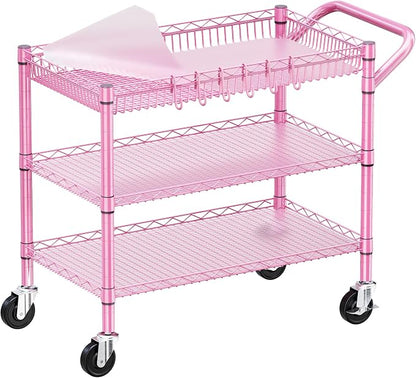 Pink Rolling Utility Cart with Wheels, 990Lbs Heavy Duty Metal Cart with Handle by WDT
