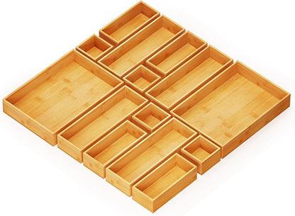 SpaceAid 14-Piece Bamboo Drawer Organizer Storage Boxes Set, Wood Tray Junk by SpaceAid