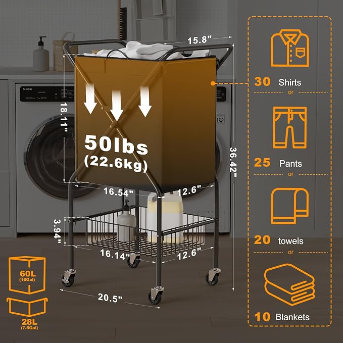 Laundry Basket with Wheels:88L Rolling Laundry Cart Foldable Metal Frame Dirty - Image 7