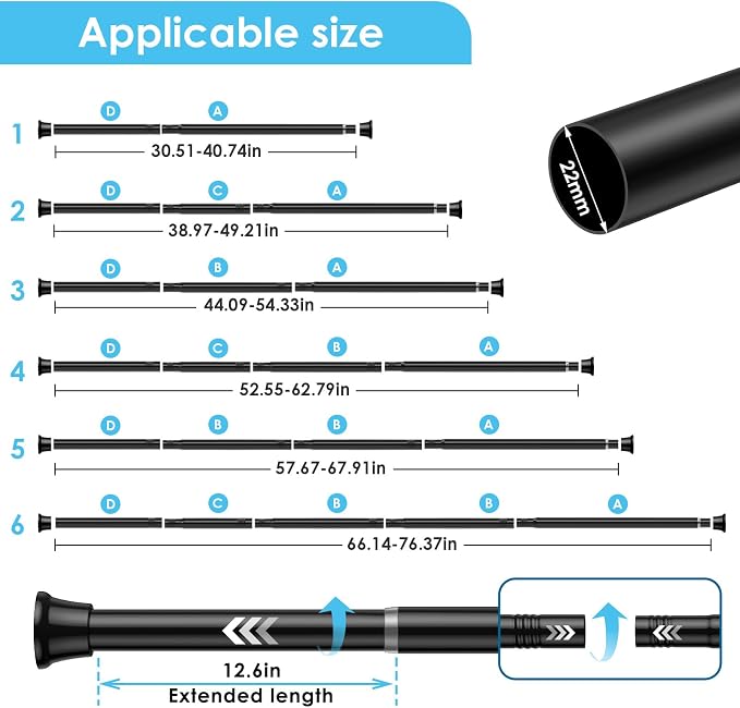 2Pcs Tension Curtain Rod 31 To 76 Inch Black Shower Curtain Rod No Drilling - Image 2