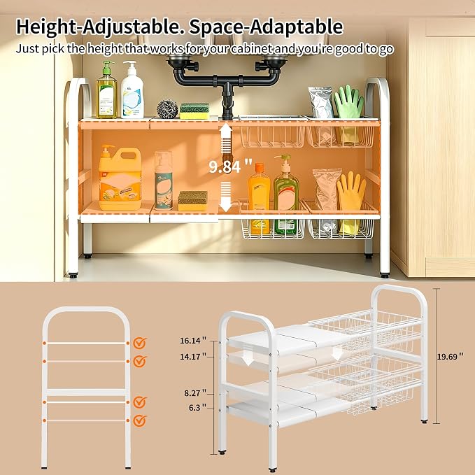 2 Tier Under Sink Organizer Expandable Length/Height Adjustable Heavy | - Image 3