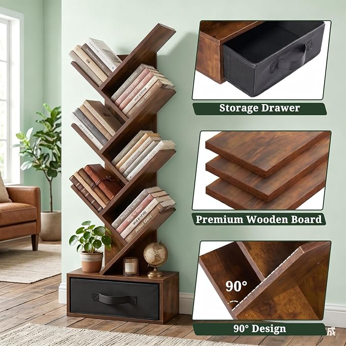 7 Tier Tree Bookshelf with Storage Drawer, Floor Standing Bookcase | Modern - Image 4