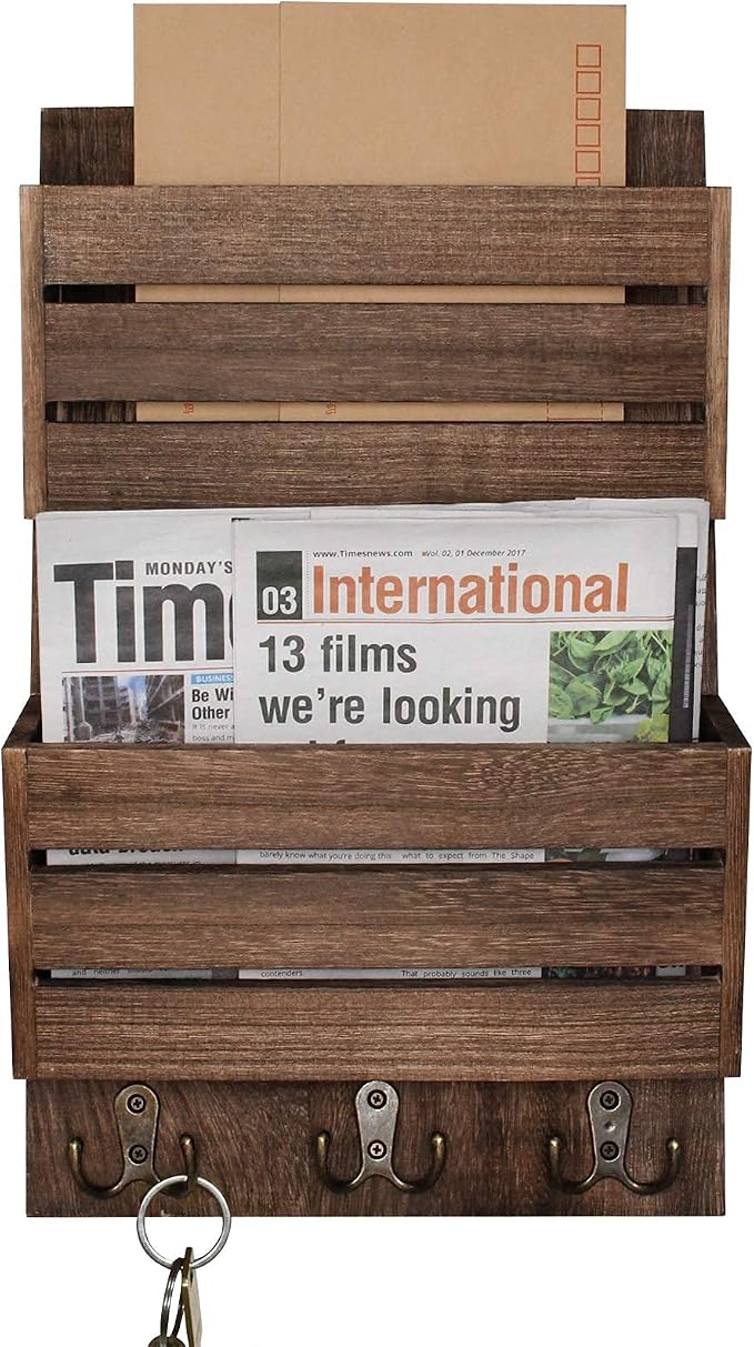 Unistyle Mail Organizer with 4 Hooks, Rustic Brown Wall Mount, Cedar Wood Key - Image 2