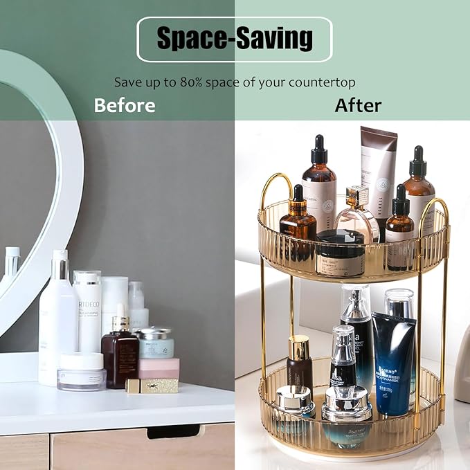 Rotating Makeup Organizer Countertop 2 Tier Lazy Susan Trays Clear Skincare - Image 4