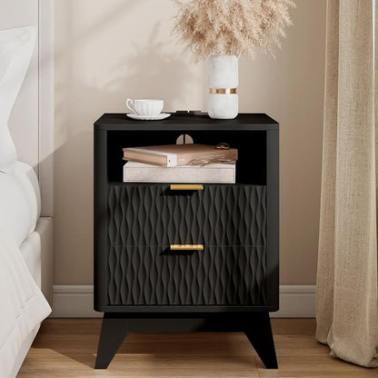 Fluted Nightstand with Charging Station, Bedside Table by COODAY