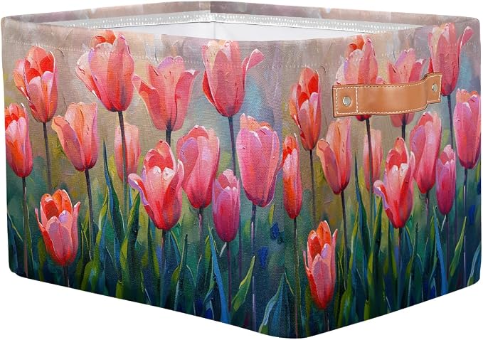 Basket Storage Bins Pink Painting Tulips Flower Rectangle Cube Basket Box Kids - Image 2