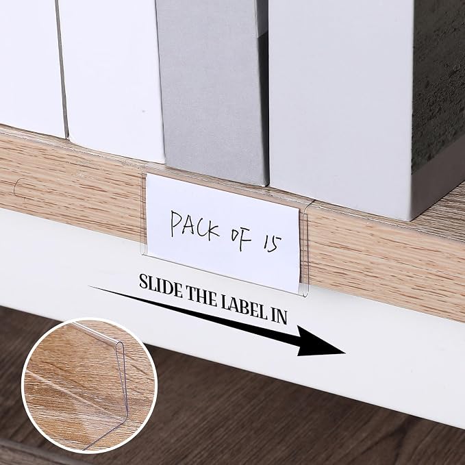 Containlol 15 Pieces Clear Shelf Label Holders Moveable Shelves Tags Moveable - Image 5