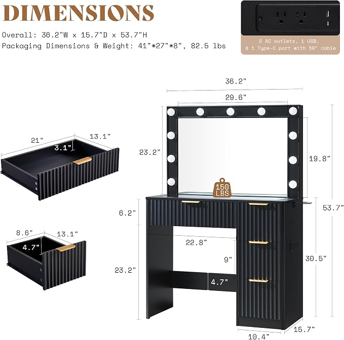 AMERLIFE 36.2" Fluted Vanity Desk - Image 3