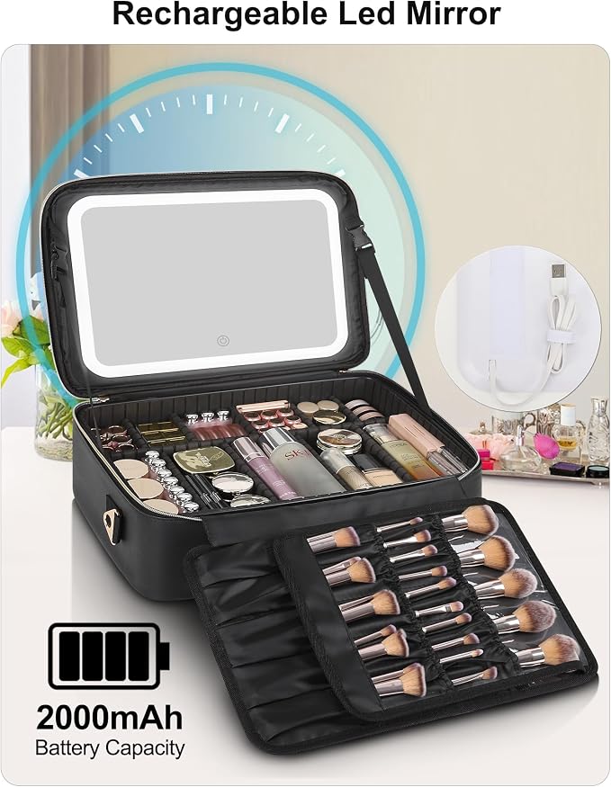 Relavel Large Makeup Case With LED Mirror, 16.2" Cosmetic Vanity Case with 3 - Image 5