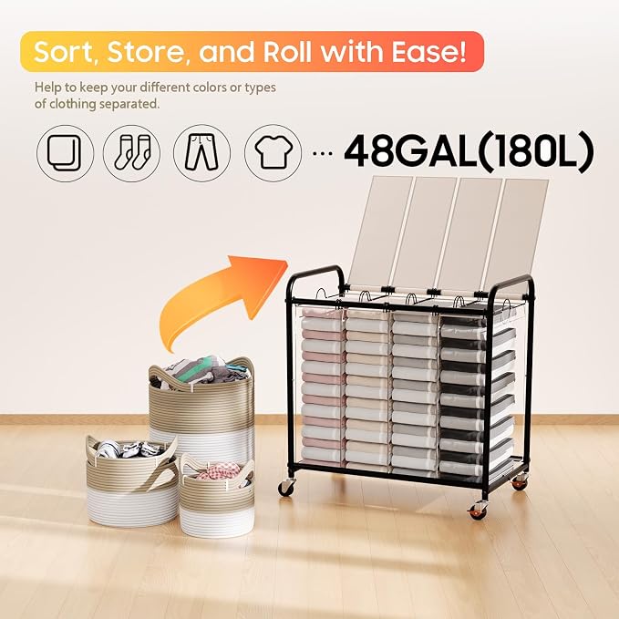 Laundry Sorter 4 Sections 48 Gal, Rolling Laundry Basket - Image 6