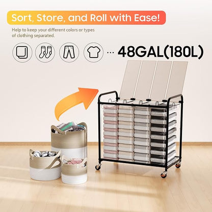 Laundry Sorter 4 Sections 48 Gal, Rolling Laundry Basket - Image 6