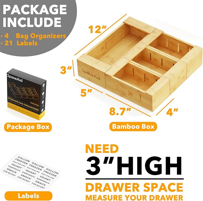SpaceAid Bag Storage Organizer for Kitchen Drawer, Bamboo Organizer, Compatible - Image 3