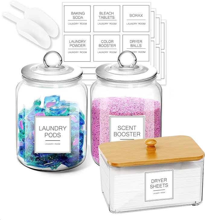 Laundry Glass Jars with Dryer Sheets Holder, Containers with Scoop and Labels by FyndraX