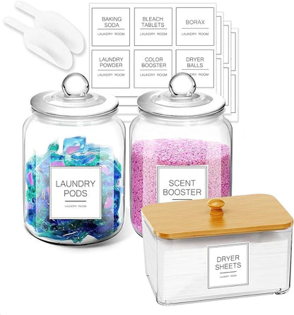 Laundry Glass Jars with Dryer Sheets Holder, Containers with Scoop and Labels by FyndraX