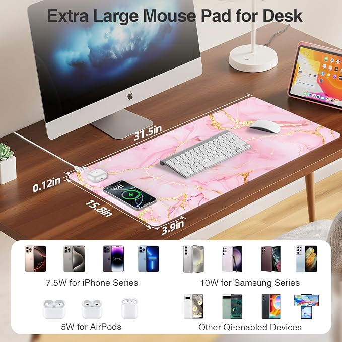 Wireless Charging Mouse Pad, 31.5"x15.8" Large Gaming Desk Mat - Image 3