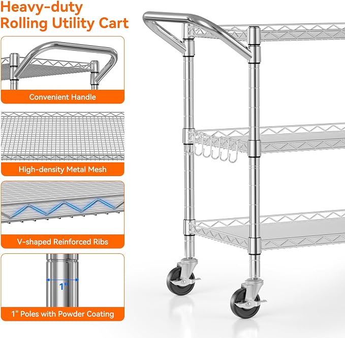 NTE 3 Tier Heavy Duty Rolling Utility Cart on Wheels, 990Lbs Capacity Rolling - Image 4