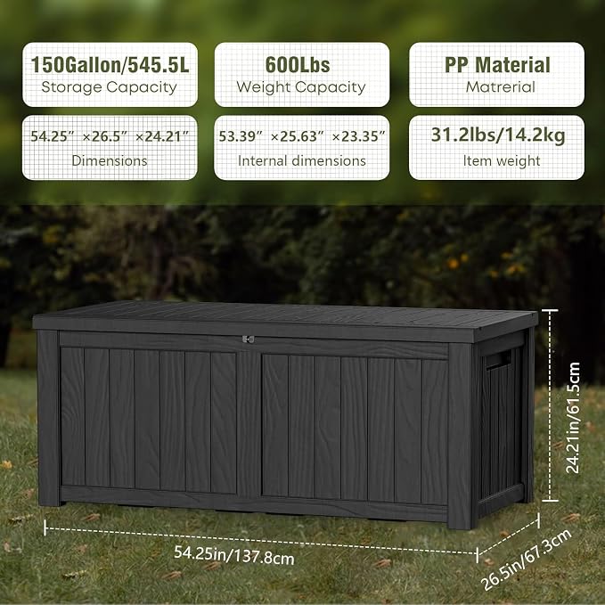 150 Gallon Outdoor Storage Box Waterproof Lockable Resin Deck Box Large - Image 2