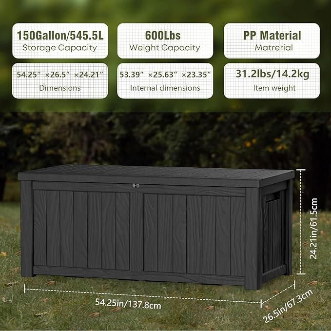 150 Gallon Outdoor Storage Box Patio Deck Box Waterproof, Resin Lockable - Image 2