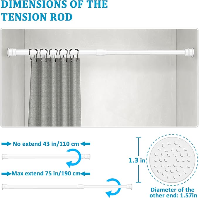 Spring Tension Curtain Rod 43-75 Inches White, Adjustable Extension Shower - Image 5