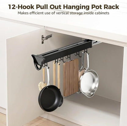 Homaisson Pull Out Hanging Pot Rack, 12-Hook Extendable Sliding Rail Organizer - Image 2