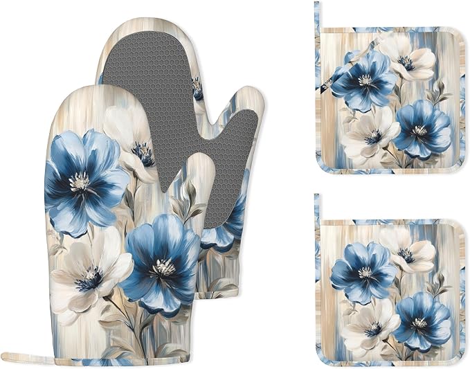 Flower Heat-Resistant Silicone Oven Mitts and Pot Holders, Flower on Marble Art by Unknown