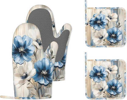 Flower Heat-Resistant Silicone Oven Mitts and Pot Holders, Flower on Marble Art by Unknown