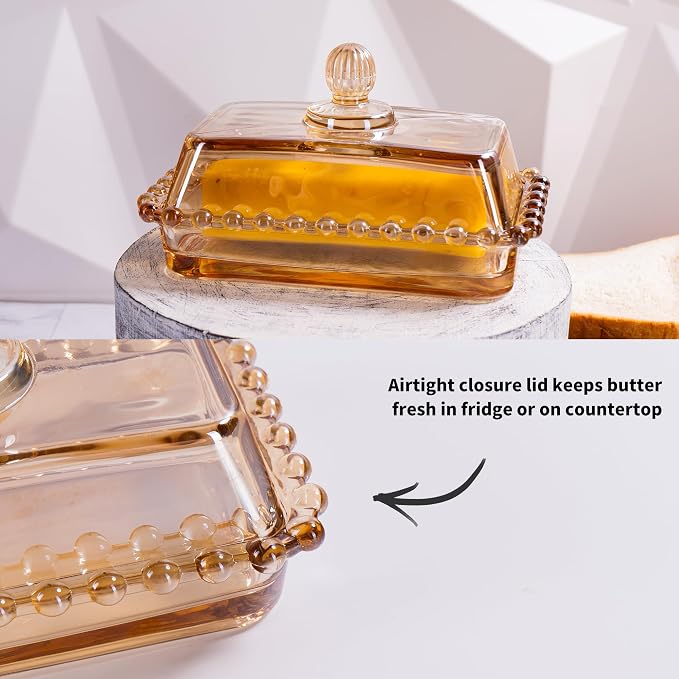 Glass Butter Dish with Lid for Countertop, Champagne Color Crystal Covered - Image 5