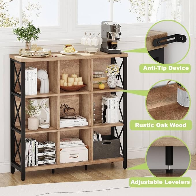 FATORRI 9 Cube Storage Bookshelf, 4 Shelf Book Shelf, Farmhouse Wood and Metal - Image 3