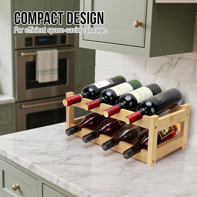 Bamboo Wine Rack, 2-Tier 8 Bottles Wine Storage Cabinet Shelf, Easy-Assembly - Image 7