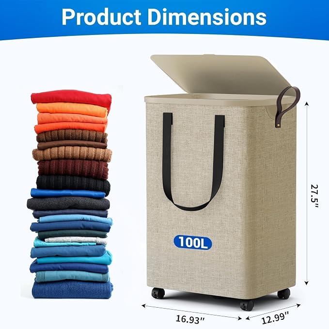 Laundry Basket with 5 Wheels, Tall Dirty Laundry Hamper, Rolling Laundry Basket - Image 3