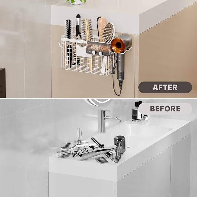 Hair Dryer Holder Cabinet Door 3-in-1 Adhesive Hair Tool Organizer Wall Mounted - Image 7