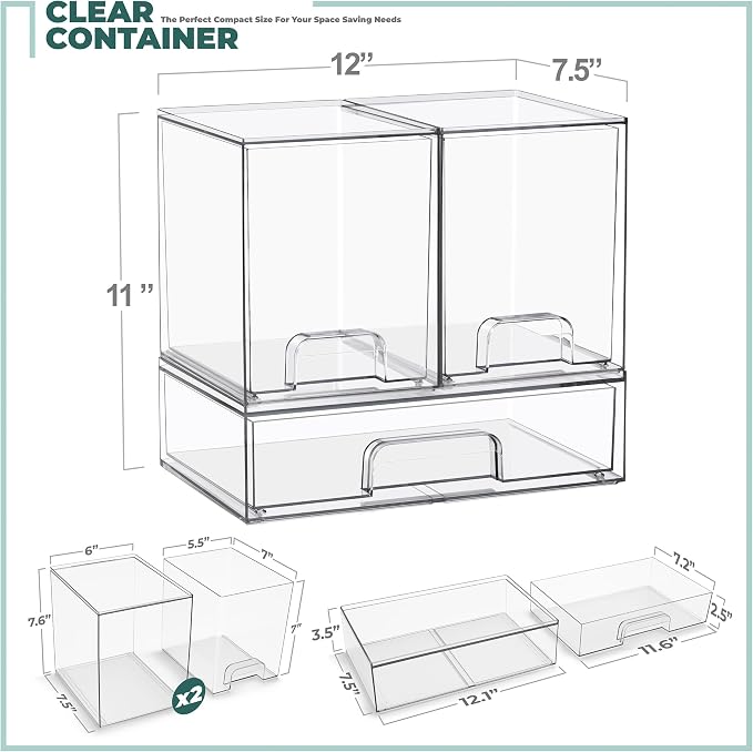 Sorbus Stackable Acrylic Storage Drawers – 2 Tall + 1 Wide – 3 Pack Clear - Image 3
