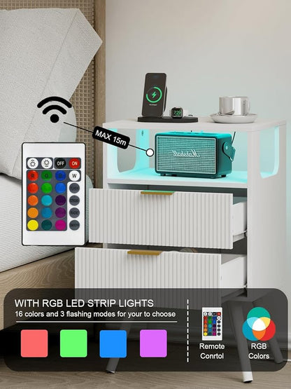 Nightstand with Charging Station and LED Lights, Modern Bedside Table with 2 - Image 4