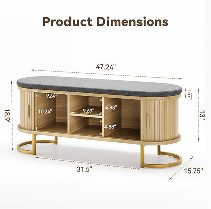 Decofy Shoe Storage Bench with Cushion and Sliding Doors, 47.2 Inch Shoe Bench - Image 2