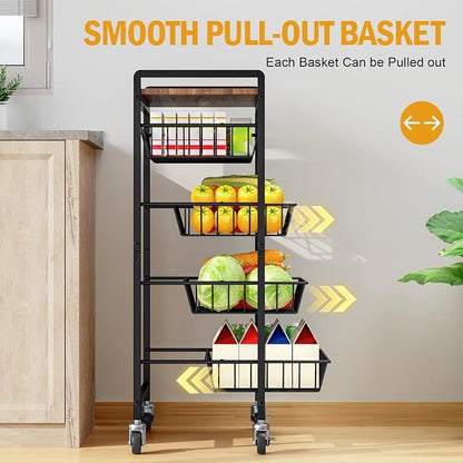 TOOLF 5 Tier Kitchen Storage Cart, Metal Utility Rolling Snack Cart | Wooden - Image 2