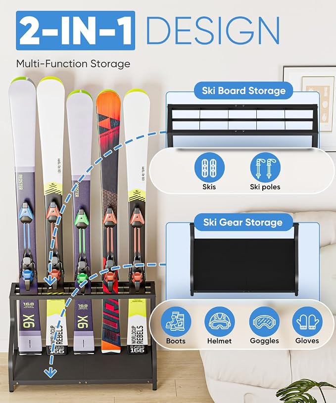 Ski Storage Rack for Garage — Freestanding Ski Holder for 5 Pair Skis, Indoor - Image 3