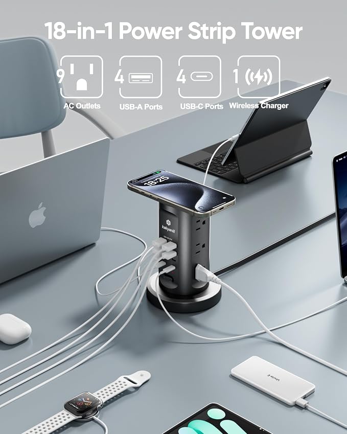 Kakyanill 30W USB Charging Station, Power Strip Tower, 9 AC Outlets - Image 3