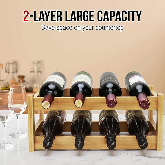 Bamboo Wine Rack, 2-Tier 8 Bottles Wine Storage Cabinet Shelf, Easy-Assembly - Image 5
