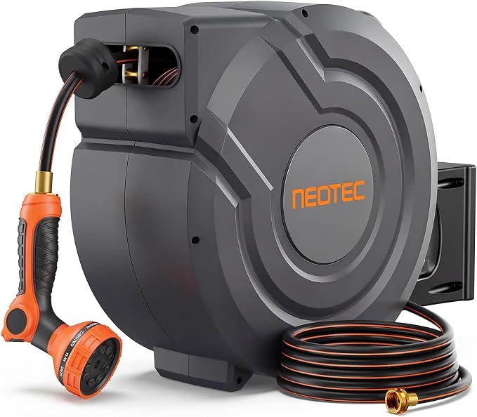 Upgraded Retractable Garden Hose Reel 1/2 inch x 100 ft 9 Pattern Nozzle Heavy by NEO-TEC
