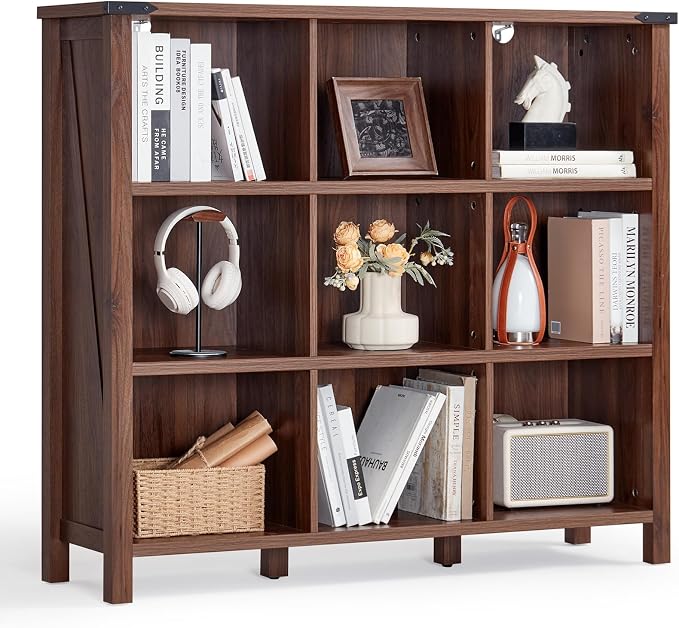 9 Cube Bookcase, Farmhouse 47 Inch Wide Brown Walnut Bookshelf, Wooden 3 Tier by Joaxswe