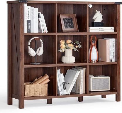 9 Cube Bookcase, Farmhouse 47 Inch Wide Brown Walnut Bookshelf, Wooden 3 Tier by Joaxswe