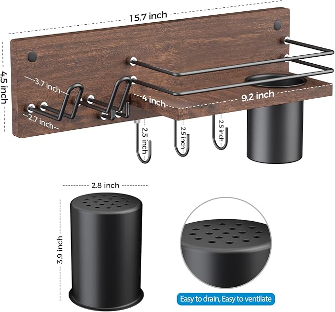 Wooden Hair Dryer Holder Wall Mounted, Bathroom Hair Tool Organizer, Blow Dryer - Image 3