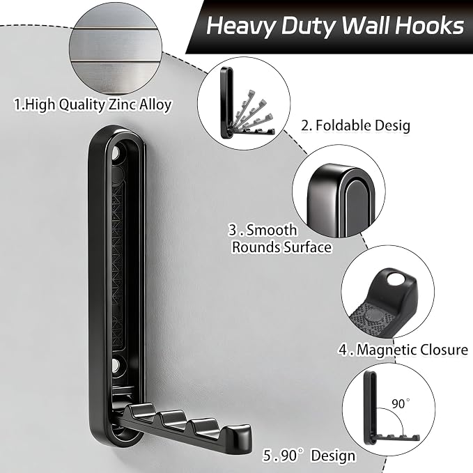 4.33 in Extended Folding Coat Hooks, 2 Pack Black Wall Hooks, Zinc Alloy | 90° - Image 3