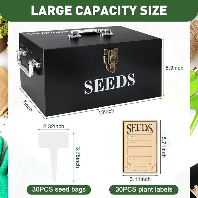 Coolrunner Wood Seed Saving Box, Seed Storage Organizer Case, Seed Packet - Image 2
