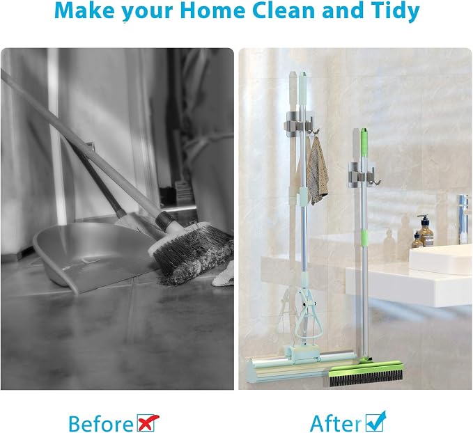 homeasy Mop Broom Holder No Drill, Mop Broom Organizer Wall Mounted Heavy Duty - Image 8