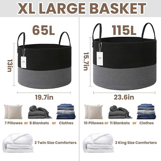 JMvicyroam 115L Extra Large Machine Washable Cotton Rope Blanket Basket | - Image 3